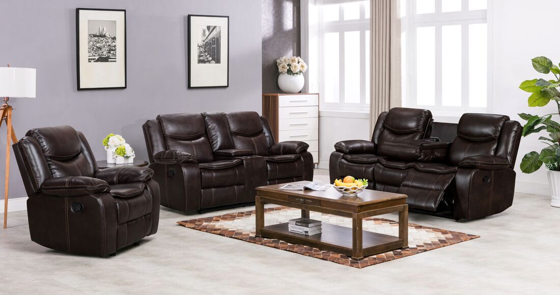 3pcs Reno Brown Leather Gel Reclining Sofa Set