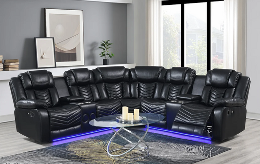 Lucky Charm Black Leather LED Reclining Sectional