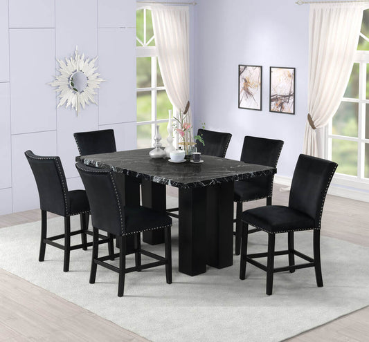 7pcs Counter Height Faux Black Marble Top Dining Set