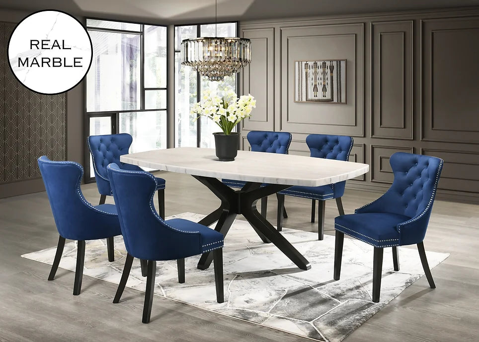 7pcs Genuine Marble Oval Dining Set with Blue Velvet Tufted Chairs