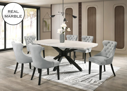 7pcs Genuine Marble Oval Dining Set with Grey Velvet Tufted Chairs