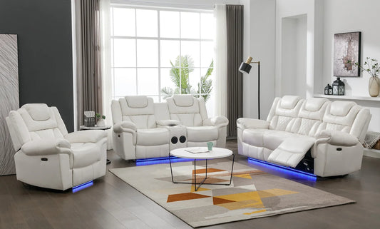 3pcs Alexa White Leather LED Reclining Sofa Set