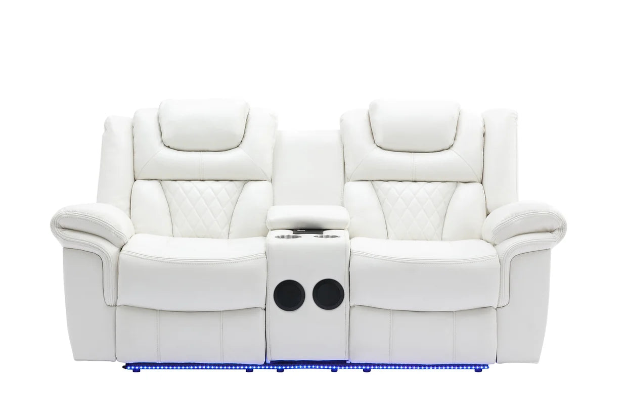 3pcs Alexa White Leather LED Reclining Sofa Set