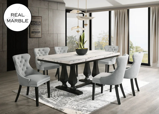 7pcs Genuine Rectangle Marble Dining Set with Grey Velvet Tufted Chairs