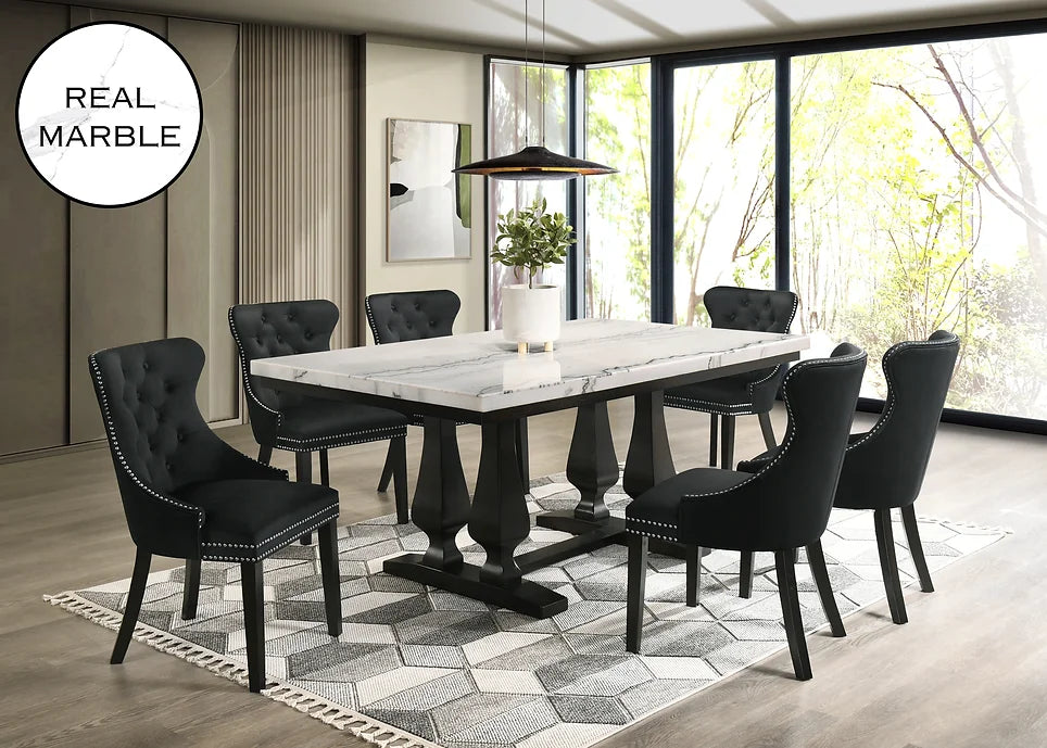 7pcs Genuine Marble Retangular Dining Set with Black Velvet Tufted Chairs