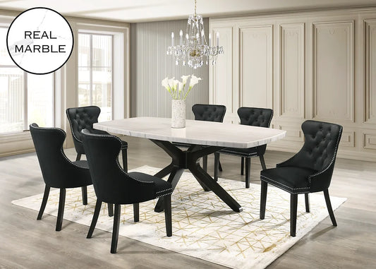 7pcs Genuine Oval Marble Dining Set with Grey Velvet Tufted Chairs