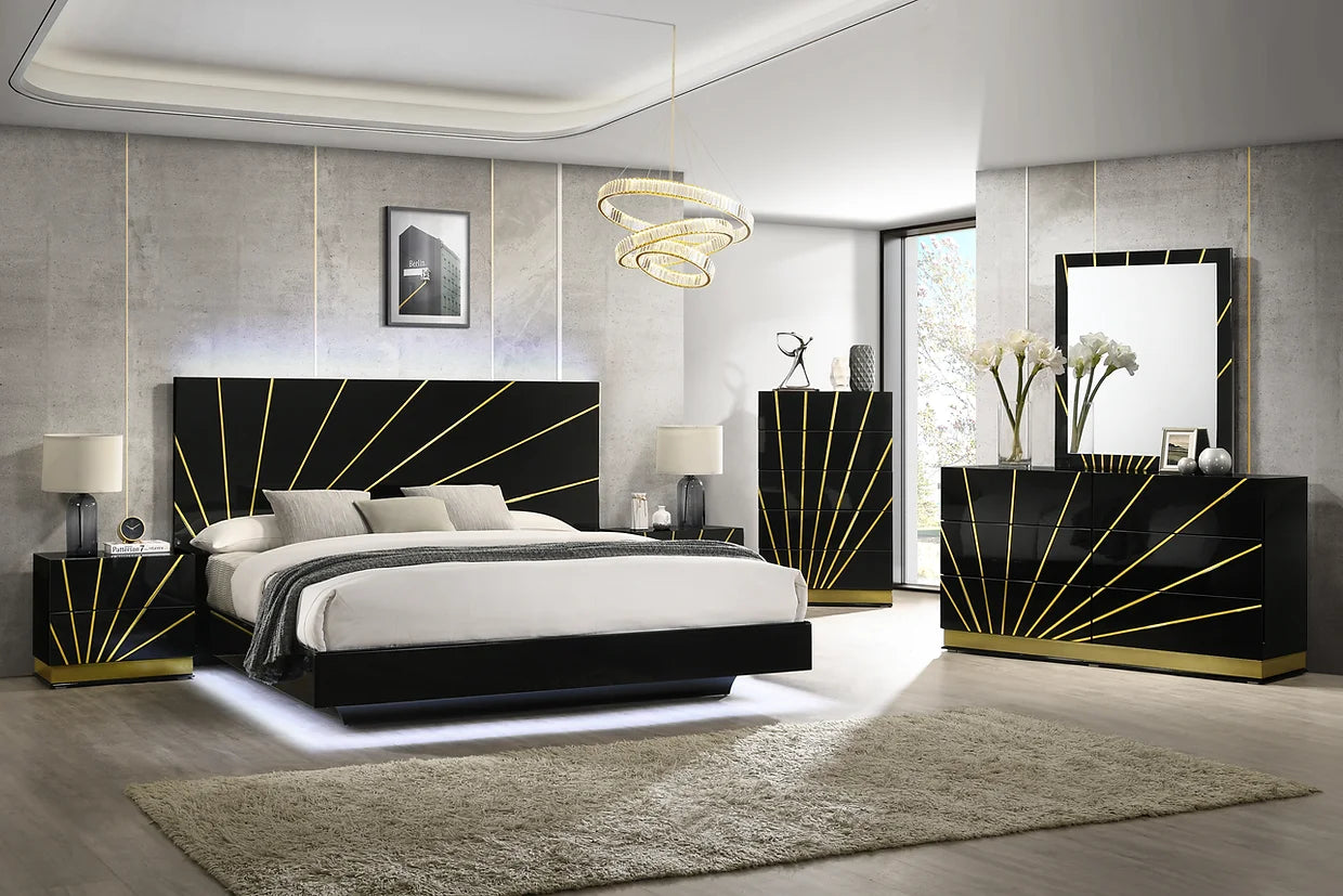 5pcs Black & Gold Finish Highgloss LED Bedroom Set