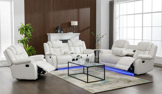 3pcs Lucky Charm White Leather Speaker LED Reclining Sofa Set