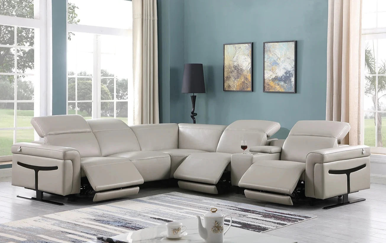 6pcs Lucca Light Grey Italian Leather Power Sectional