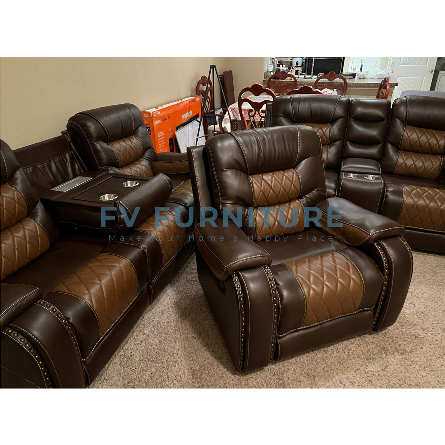 3pcs Ashley Two-Tone Brown Leather Oversized Reclining Sofa Set