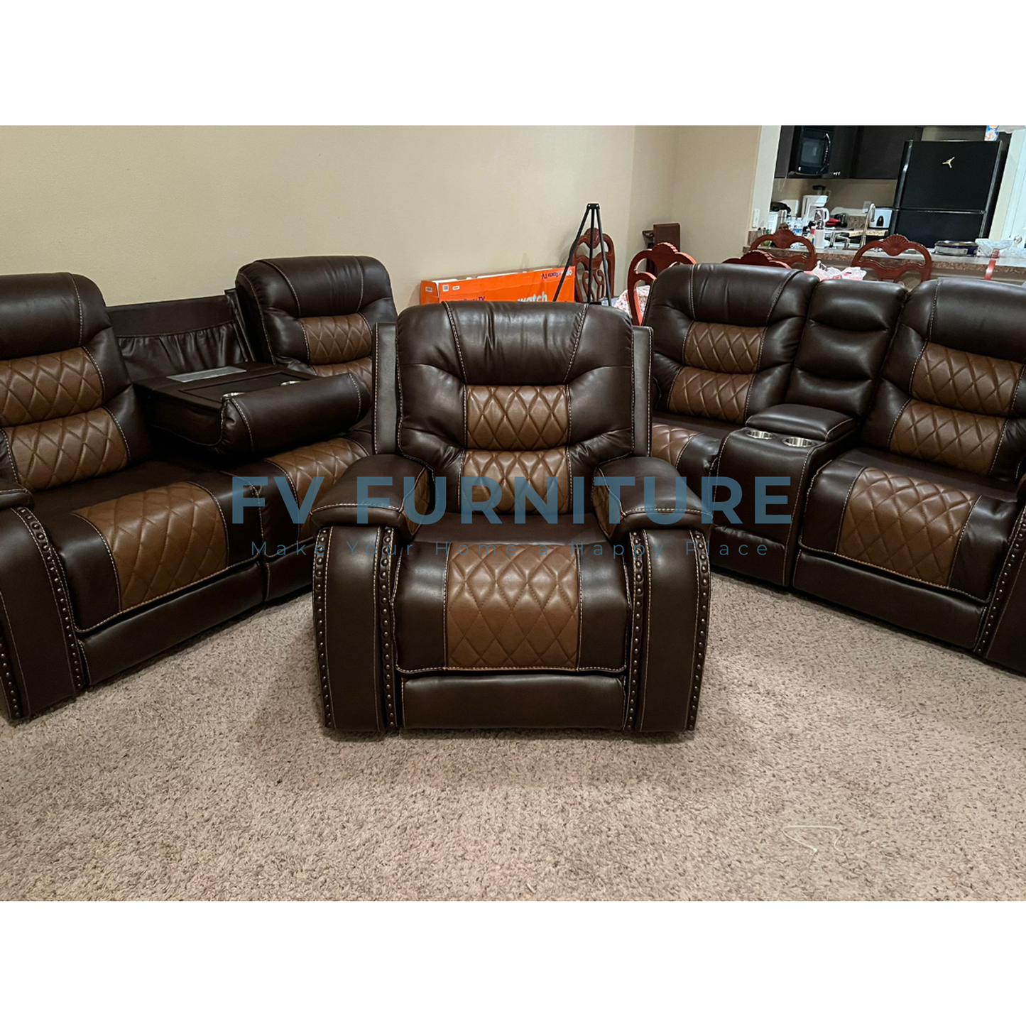 3pcs Ashley Two-Tone Brown Leather Oversized Reclining Sofa Set