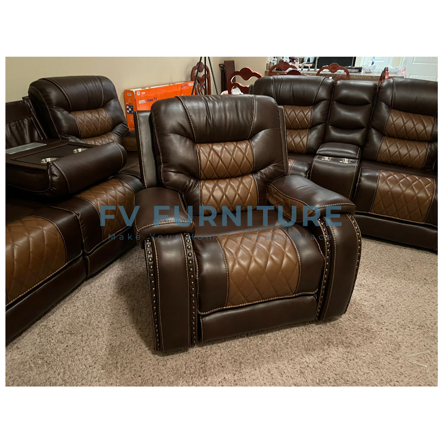 3pcs Ashley Two-Tone Brown Leather Oversized Reclining Sofa Set