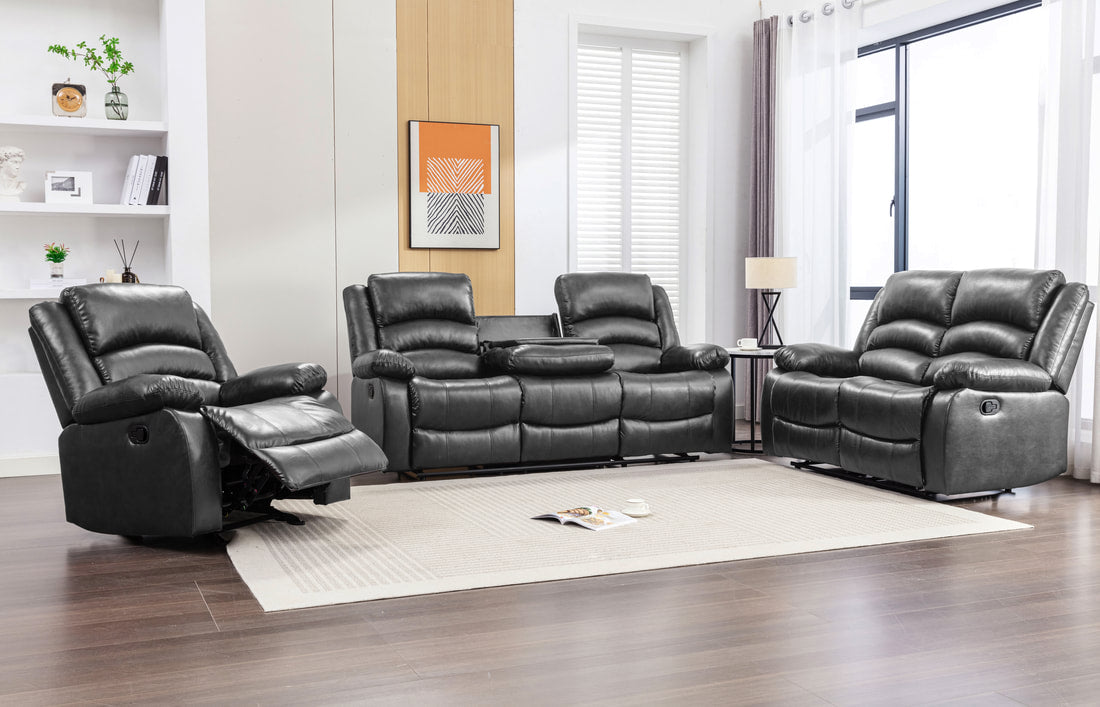 3pcs Dynamo Black Leather Reclining Sofa Set