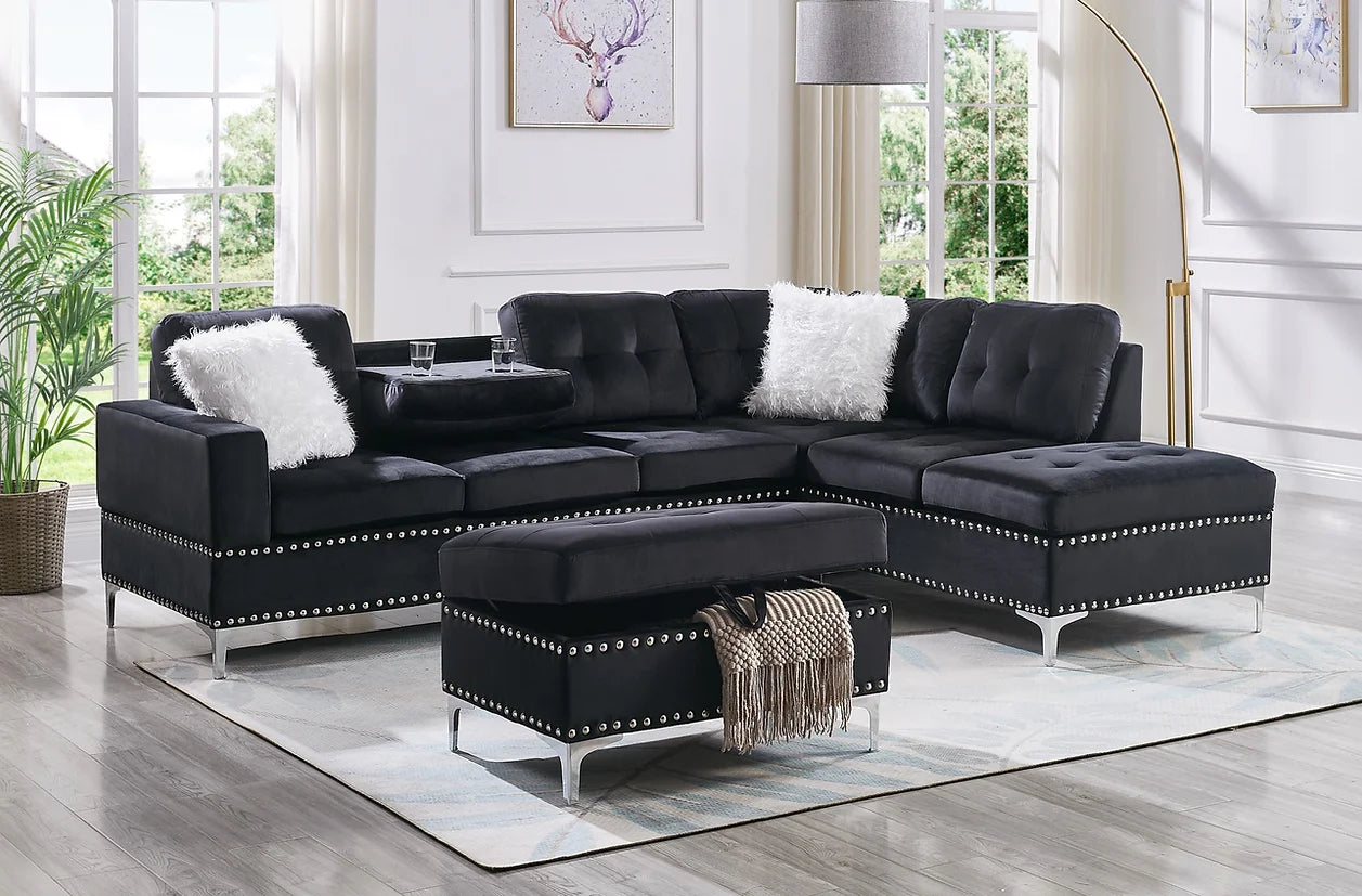 Joy Black Velvet Nailhead Trim Sectional & Ottoman