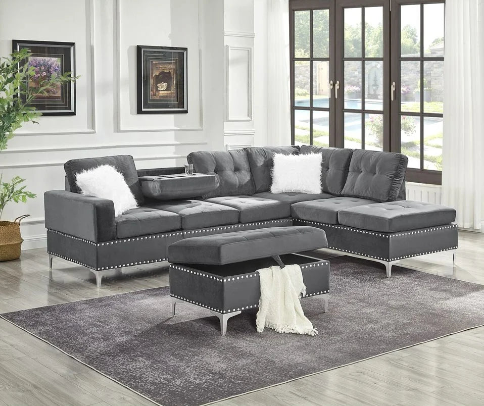 Joy Grey Velvet Nailhead Trim Sectional & Ottoman