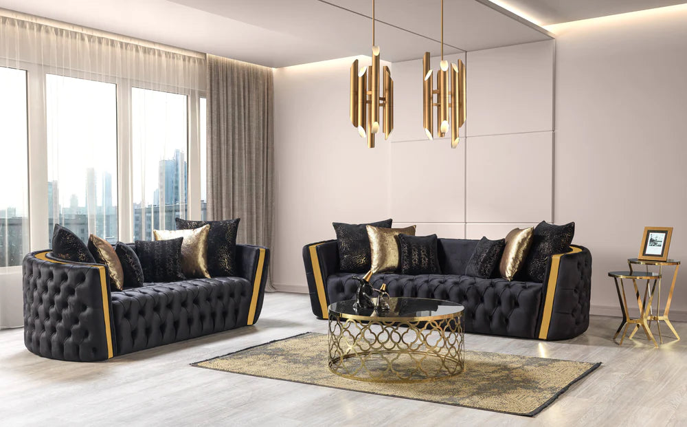 Elegant Tufted Black & Gold Velvet Sofa & Loveseat