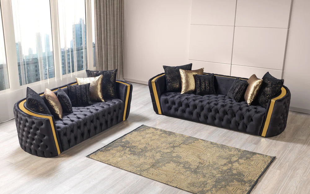 Elegant Tufted Black & Gold Velvet Sofa & Loveseat