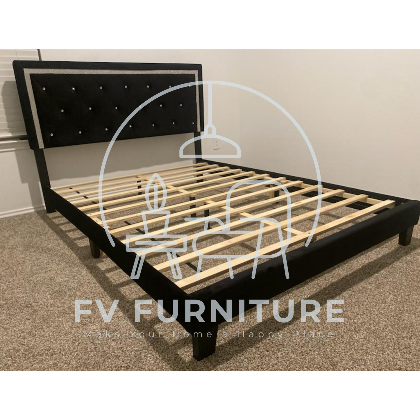 Black Diamond Velvet Platform Bed Frame