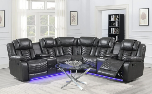 Lucky Charm Grey Leather LED Reclining Sectional