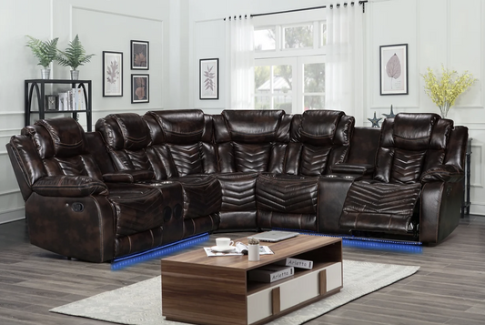 Lucky Charm Brown Leather LED Reclining Sectional