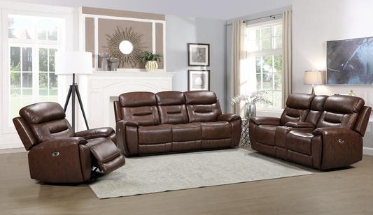 3pcs Rosewood Brown Top Grain Leather Power Reclining Sofa Set