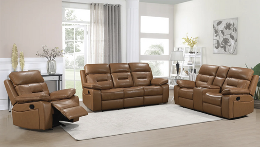 3pcs Dallas Camel Leather Reclining Sofa Set