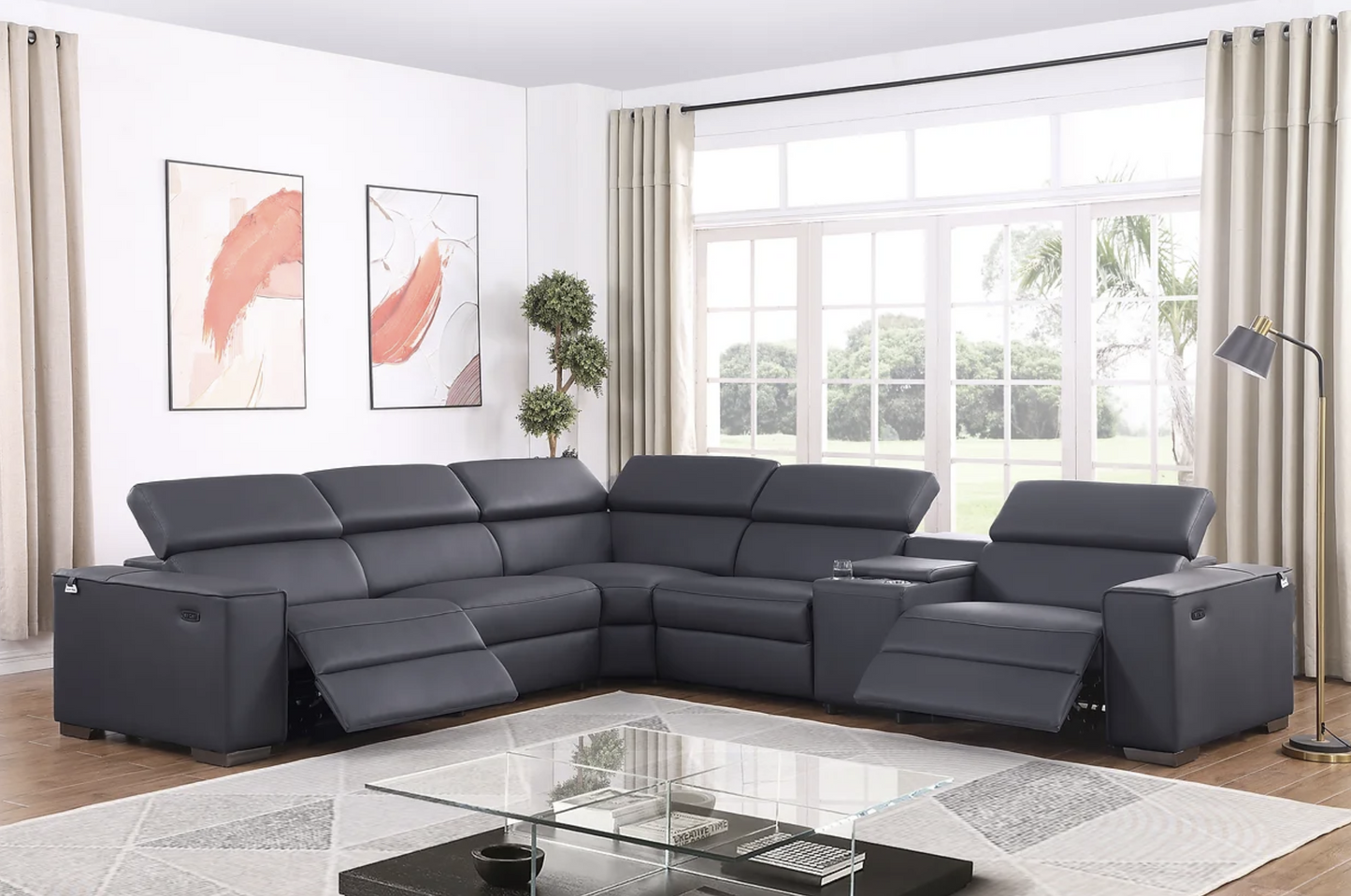 6pcs Dark Grey Picasso Leather Power Sectional