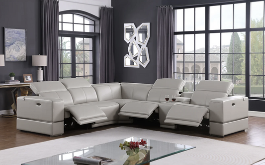 6pcs Franco Light Grey Leather Power Sectional