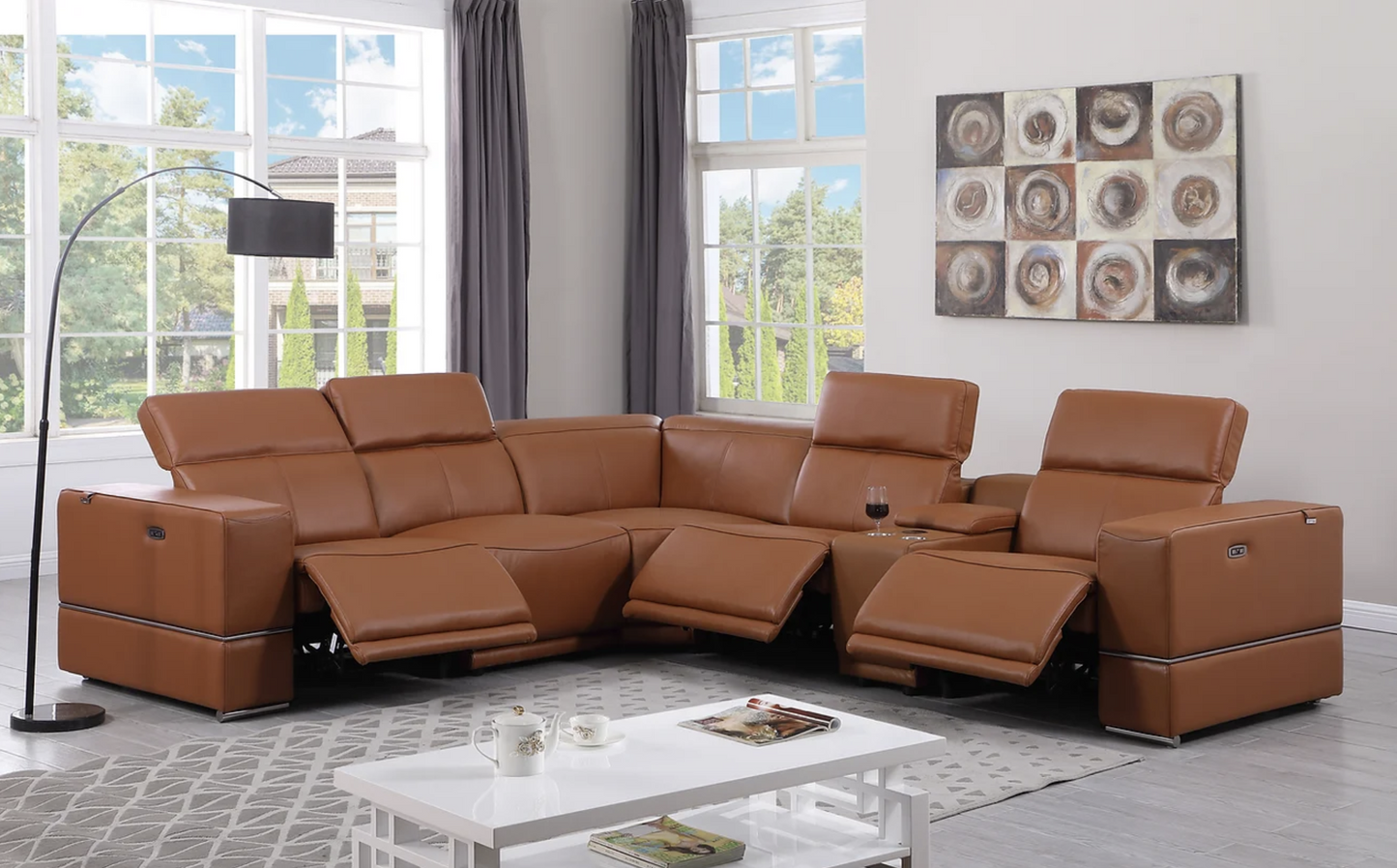 6pcs Franco Carmel Leather Power Sectional