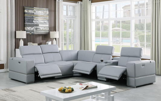 6pcs Franco Light Blue Leather Power Sectional