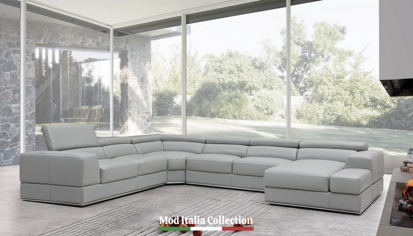 Pella Light Grey Leather Oversized Sectional