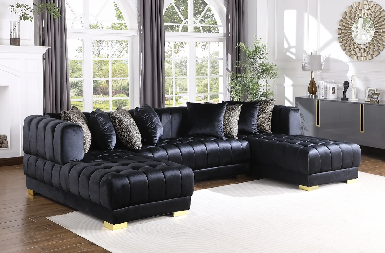 S8155 Dasha Black Velvet Double Chaise Sectional