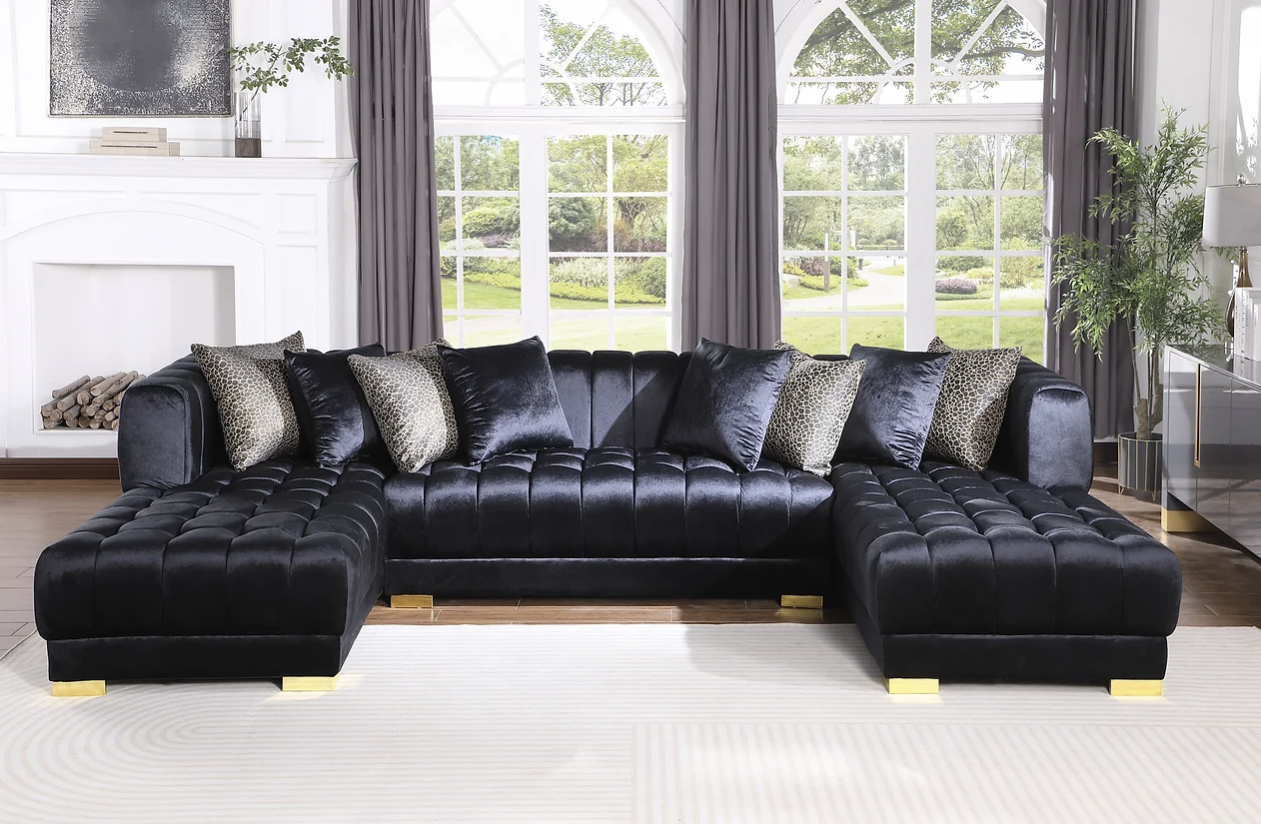 S8155 Dasha Black Velvet Double Chaise Sectional