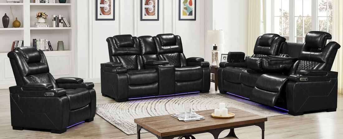 3pcs Woodland Black Leather Power Reclining Sofa Set