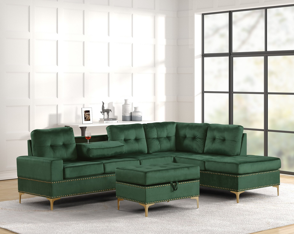 Anserra Green Reversible Sectional & Ottoman Set