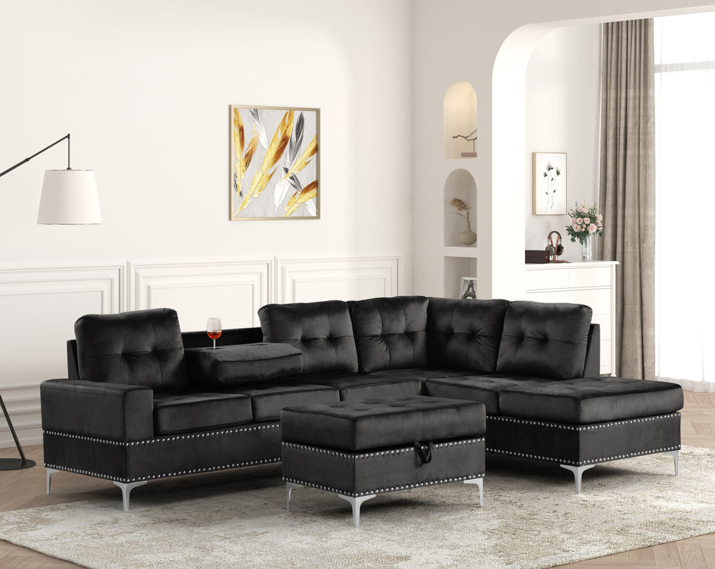 Anserra Black Reversible Sectional & Ottoman Set