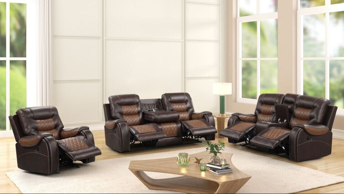 3pcs Ashley Two-Tone Brown Leather Oversized Reclining Sofa Set