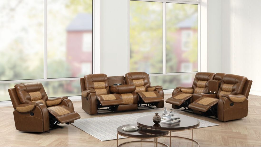 3pcs Ashley Two-Tone Light Brown Leather Reclining Sofa Set