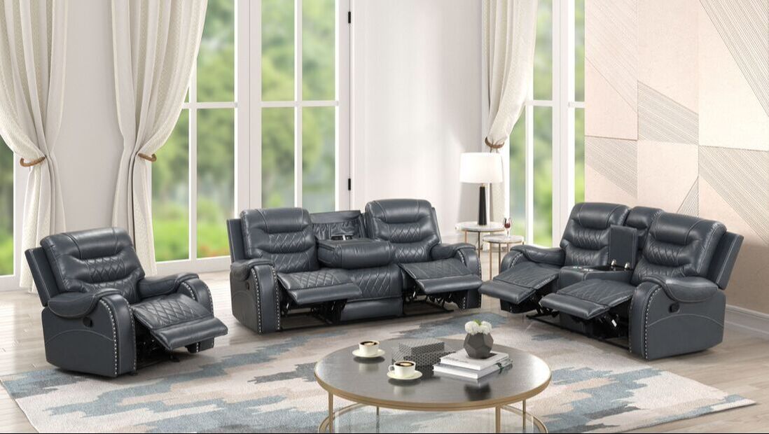 3pcs Ashley Blue Grey Leather Gel Reclining Sofa Set