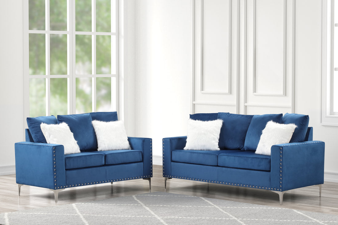 Blue Velvet Sofa & Loveseat Set