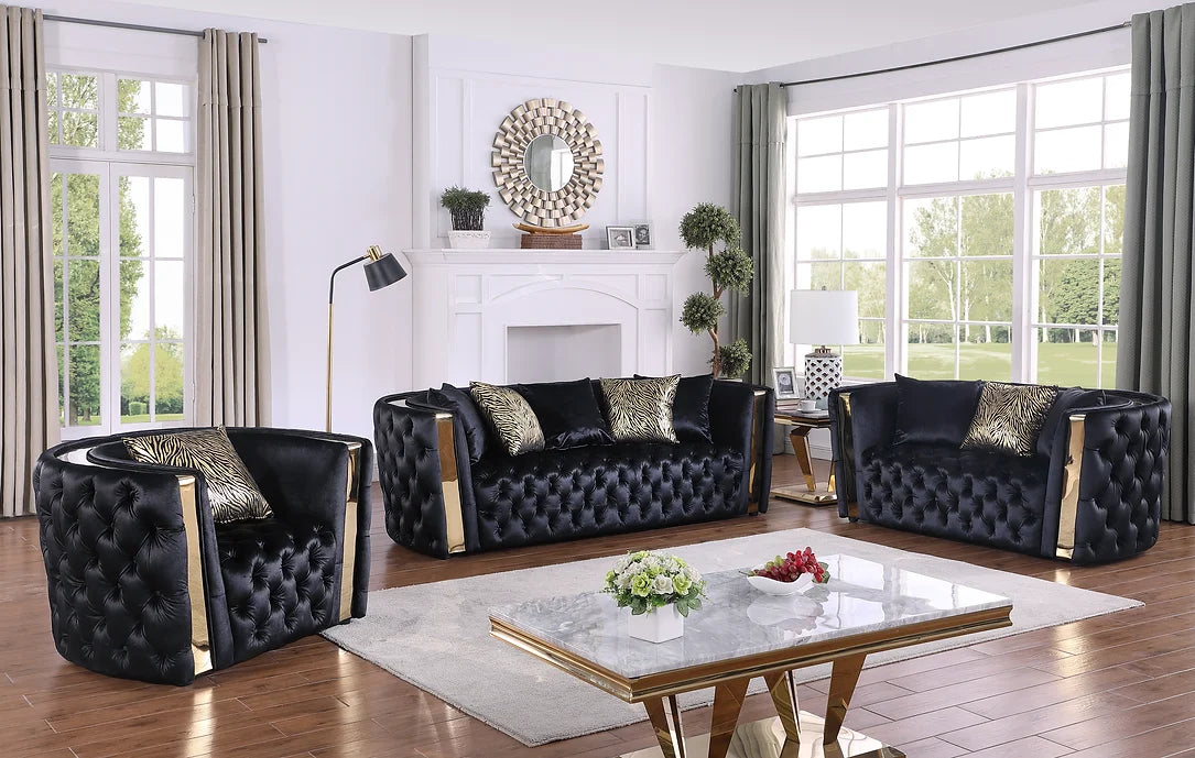 Black & Gold Sofa., Loveseat & Chair