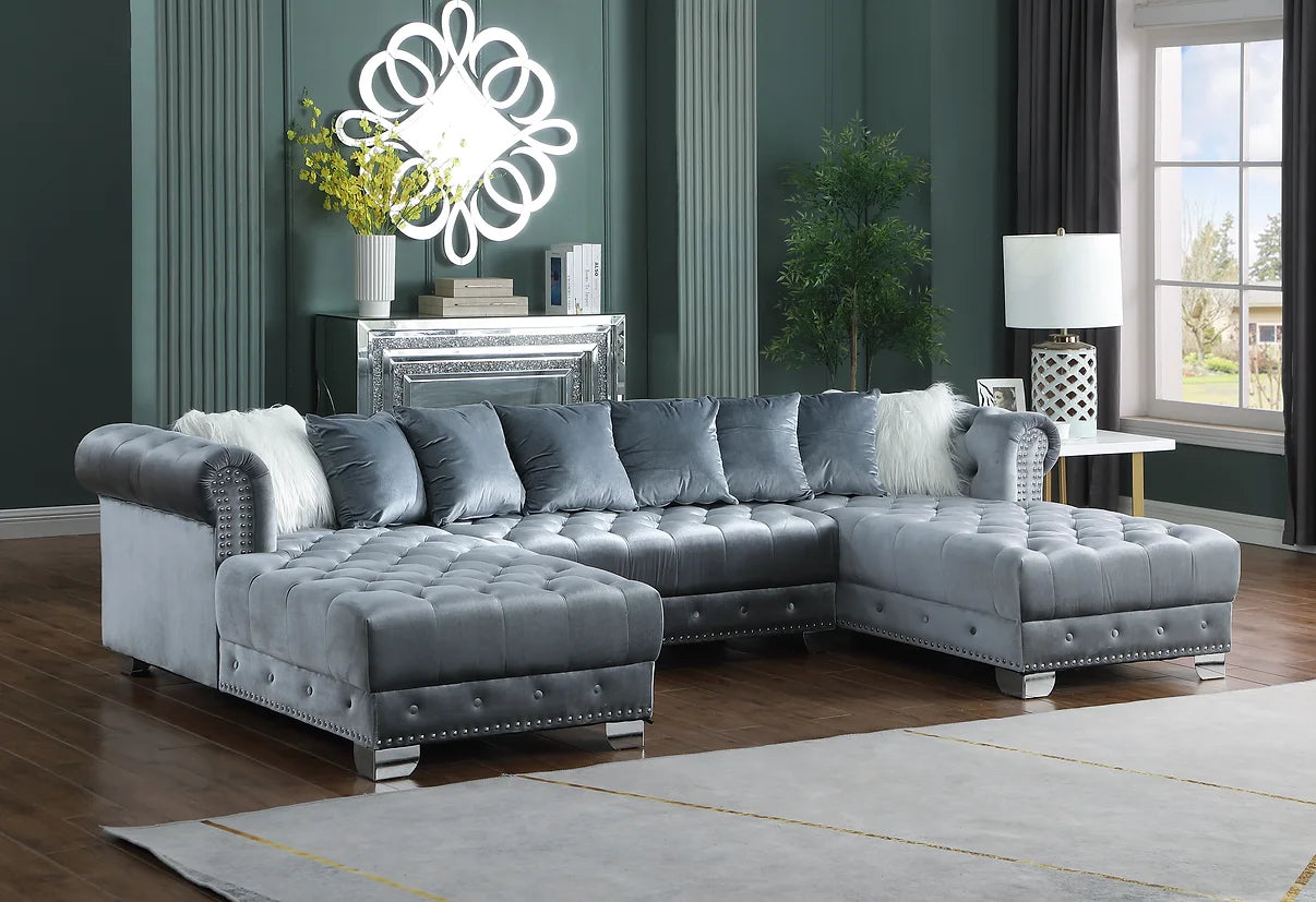 Jordan II Grey Tufted Velvet Double Chaise Sectional