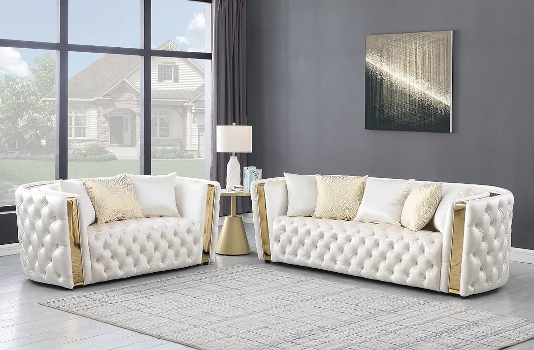 Cream and Gold Velvet Tufted Sofa, Loveseat & Chair