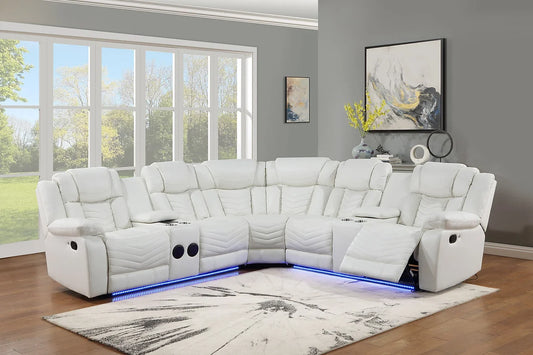 Lucky Charm White Leather LED Reclining Sectional