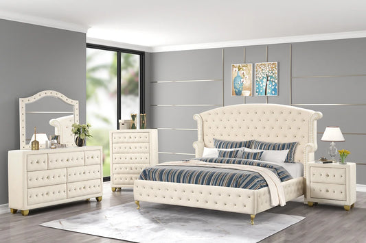 5pcs Cream Diamond Velvet Bedroom Set