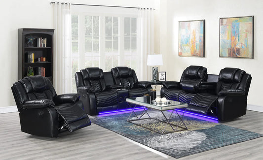 3pcs Lucky Charm Black Leather Speaker LED Reclining Sofa Set