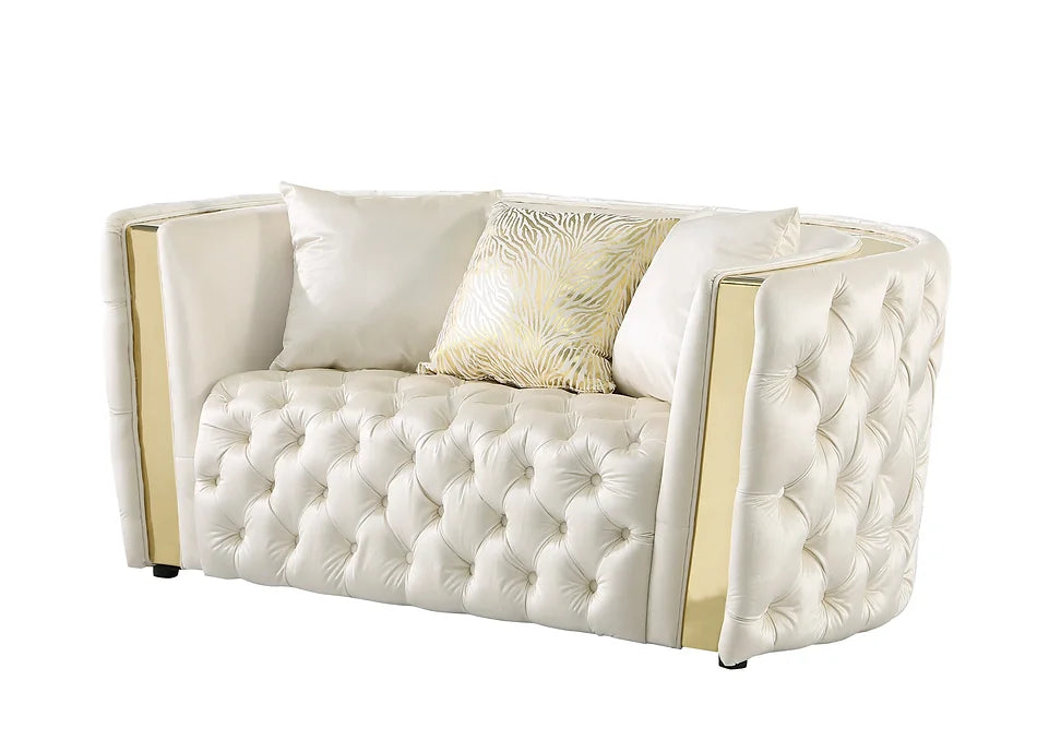 Cream and Gold Velvet Tufted Sofa, Loveseat & Chair