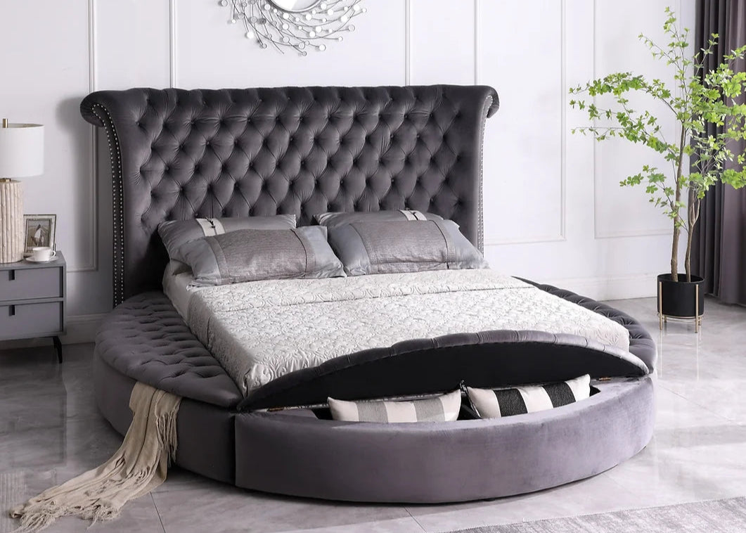 Lux Grey Velvet Tufted Round Storage Platform Bed Frame