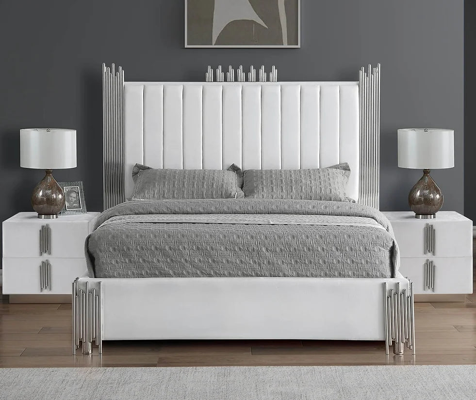 White Velvet Metal Ends Platform Bed Frame