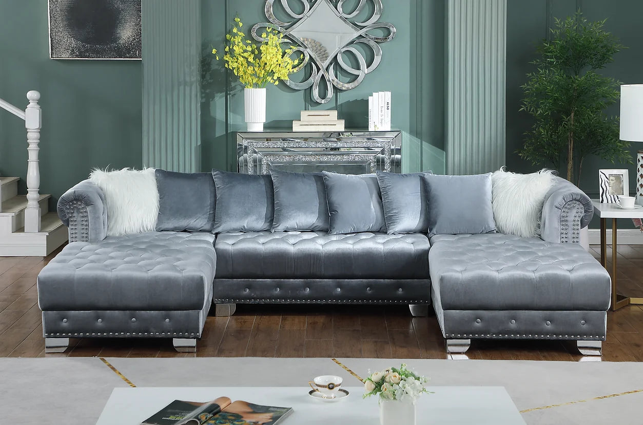 Jordan II Grey Tufted Velvet Double Chaise Sectional